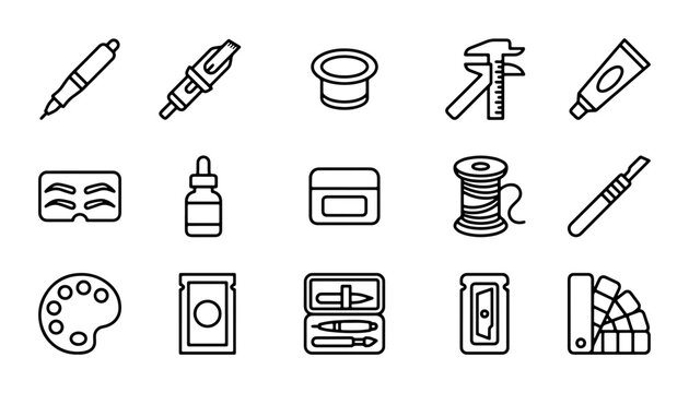 Tattoo and Permanent Makeup Tools Icons, Vector Set: Needles, Ink Cups, Pigment, Palette, Calipers