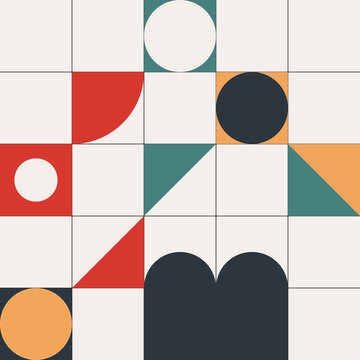 Abstract Neo Bauhaus geometric pattern featuring minimalist circles and triangles on a modular grid background