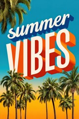 Naklejka premium Summer vibes 3D text over tropical palm trees at sunset with retro colorful graphic design