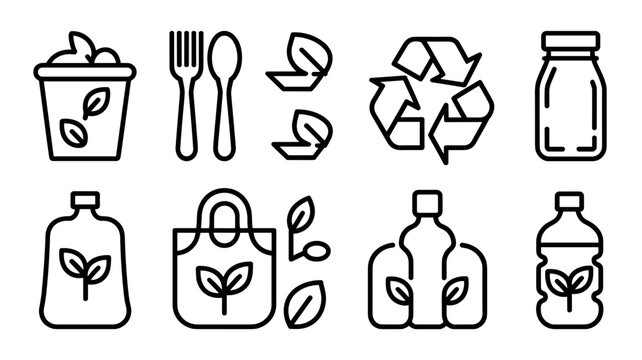 Sustainability and compost bin outline icons &ndash; Ideal for organic waste recycling guidelines, garden center websites, or eco conscious user interfaces.