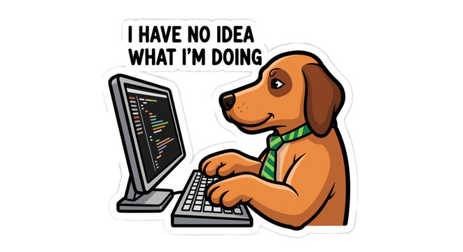 Funny dog wearing a tie typing on a computer with text I HAVE NO IDEA WHAT IM DOING.