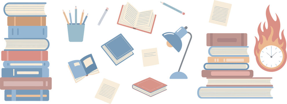 High pile of books burning hours, crumpled sheets and pencils, school literature and encyclopedias, exam education set vector illustration for study stress, learning, and academic themes.