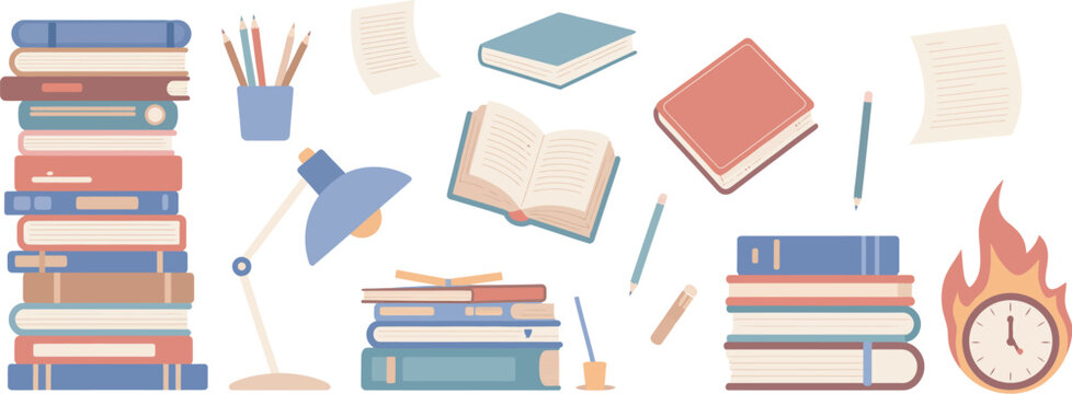 Education exam vector set, includes high stack of books, burning hours concept, crumpled papers, pencils, and encyclopedias for school literature, study stress, and academic design projects.
