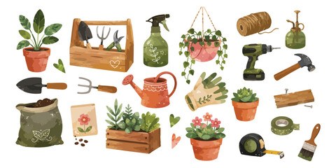 Obraz premium Watercolor gardening tools and potted plants elements