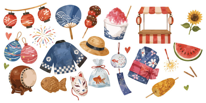 Watercolor Japanese summer festival traditional matsuri elements 