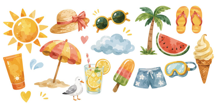 Watercolor summer beach vacation and tropical holiday elements 
