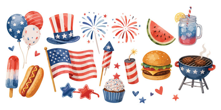 Watercolor 4th of July elements and Independence Day decorations