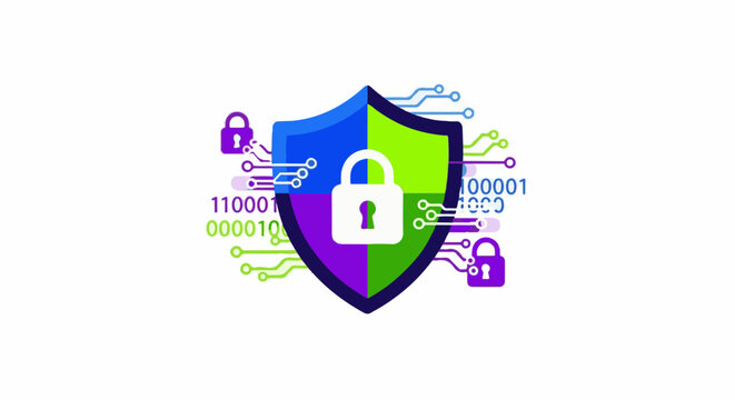 Digital shield with locks and binary code, representing data security
