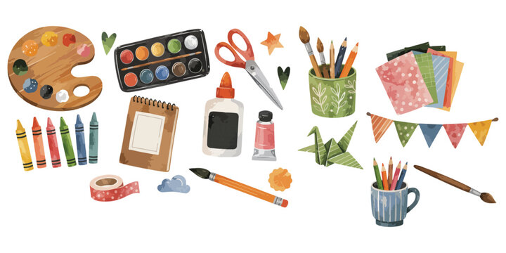 Watercolor art supplies and craft tools elements 
