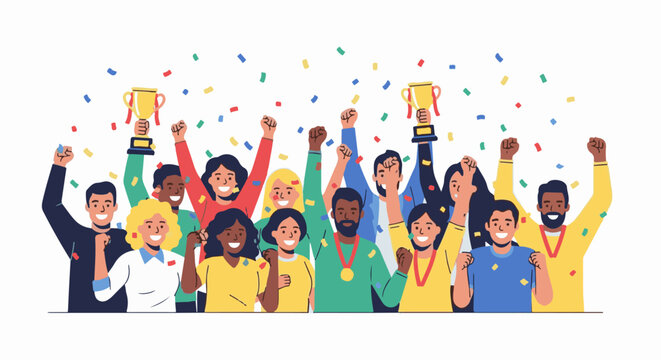 Diverse group celebrates victory with trophies and confetti, exuding joy