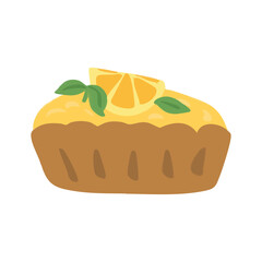 Sweet lemon meringue tart pastry slice with fresh mint leaf garnish © biscuit