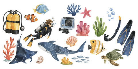 Watercolor scuba diving equipment and underwater marine life elements © dian's
