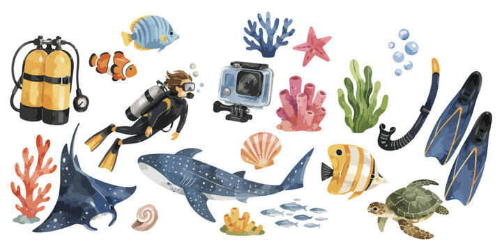 Watercolor scuba diving equipment and underwater marine life elements