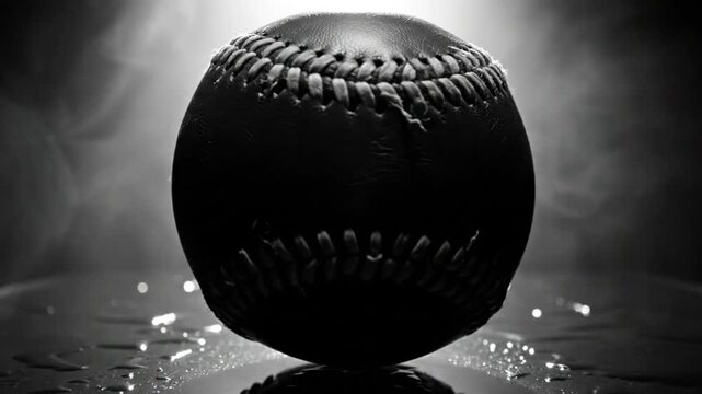 Dramatic studio shot of a baseball with water droplets reflecting light, black and white