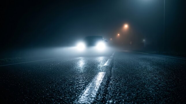 Nighttime driving on a dark asphalt road with oncoming car headlights and fog.