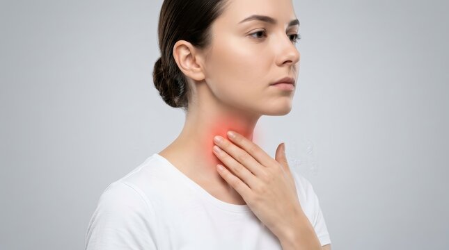 A woman examining her throat area with a glowing red mark signifying thyroid gland issues and disease.