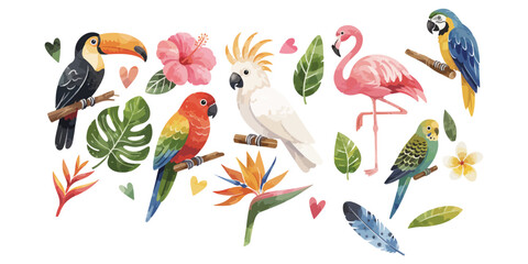 Plakat Watercolor tropical birds and exotic floral elements