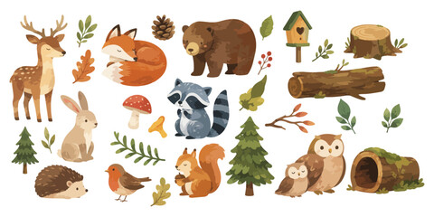 Obraz premium Watercolor cute woodland animals and forest elements