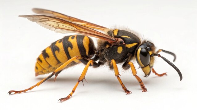 Close-up of a large black and yellow cicada killer wasp isolated on a pure white background.