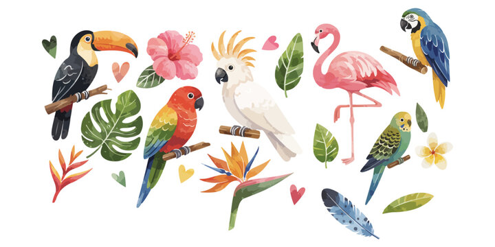 Watercolor tropical birds and exotic floral elements