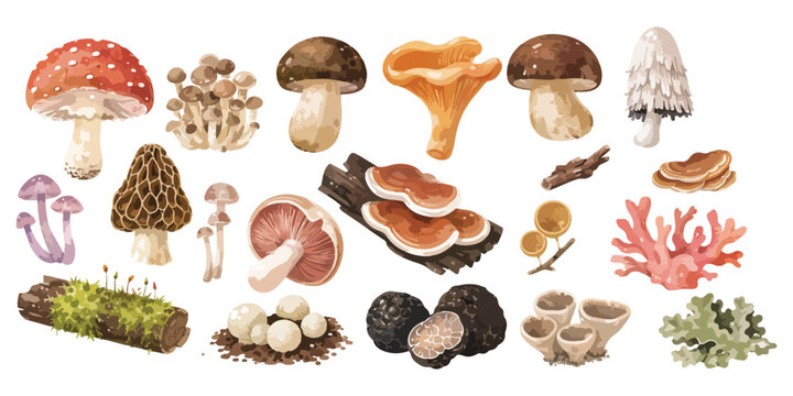 Watercolor forest mushrooms and wild fungi botanical elements 