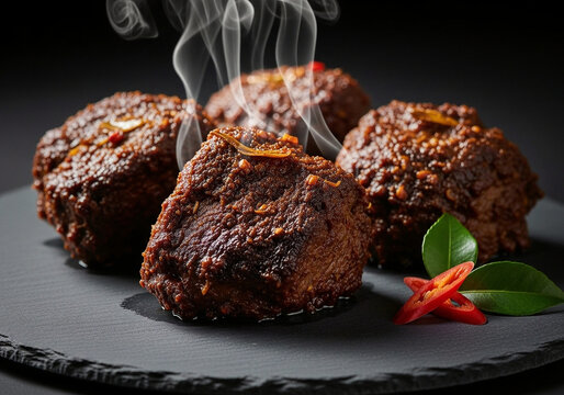 Indonesian Beef Rendang Hyperrealistic Food Photography on Dark Slate Plate