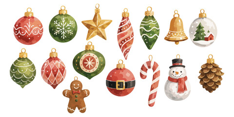 Watercolor Christmas ornaments and tree hanging baubles 