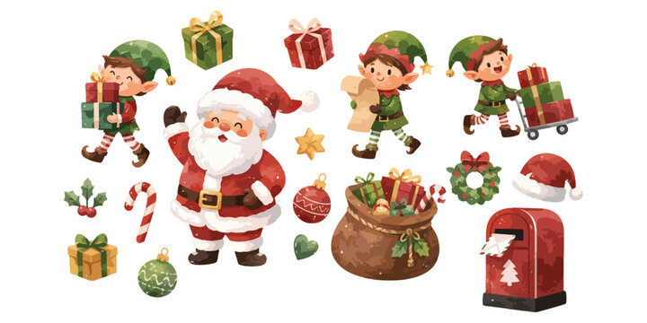 Watercolor Santa Claus and cute Christmas elves characters