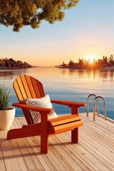 Obraz premium Wooden Adirondack chair on a lakeside dock at sunset with calm water and warm light