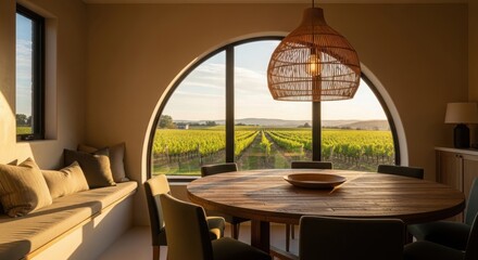 Fototapeta premium Cozy outdoor dining area with scenic countryside view