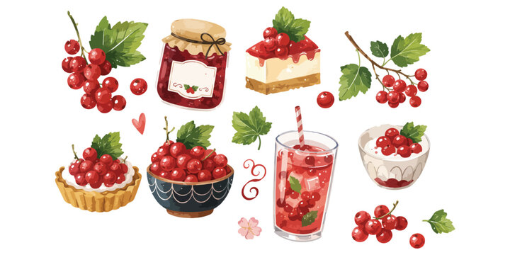 Watercolor redcurrant berries and desserts elements