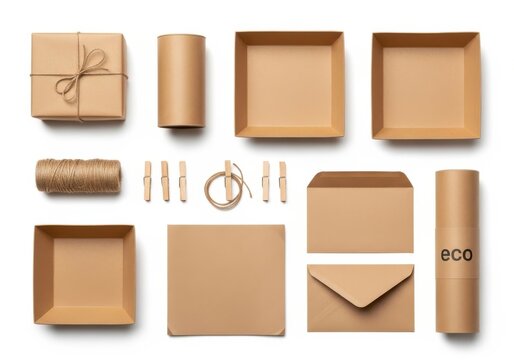Assorted eco-friendly cardboard packaging and accessories set isolated on white background