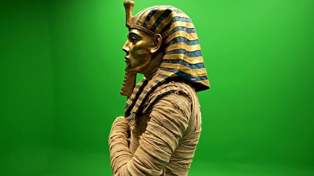 Egyptian pharaoh statue, ancient king sculpture, gold headdress, green background