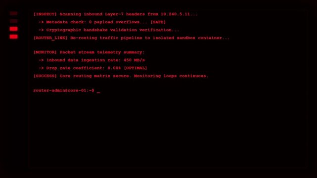Futuristic Router Admin Core Packet Stream Telemetry Monitor Red UI Command Line Terminal Screen Display.