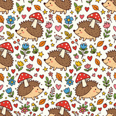 Obraz premium Cute Hedgehog Vector Pattern with Mushrooms Flowers and Hearts in Whimsical Organic Style