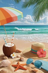 Obraz premium Relaxing tropical beach scene with ocean waves, straw hat, coconut drink and sunglasses
