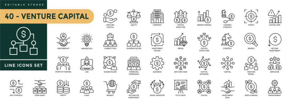 A collection of Venture Capital icons set with editable stroke, including fund, shareholder, market. Thin linear vector illustration.