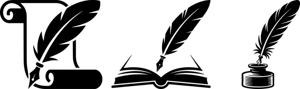 Quill pen and inkwell vector silhouettes set. Isolated retro writing icons with book and scroll
