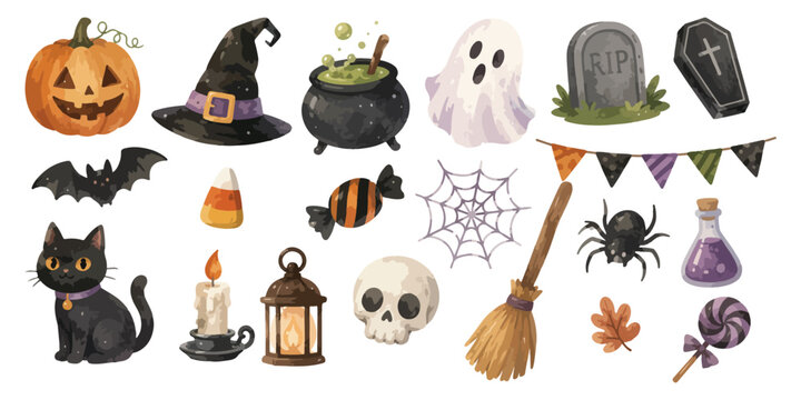 Watercolor Halloween spooky decorations and magic witch elements