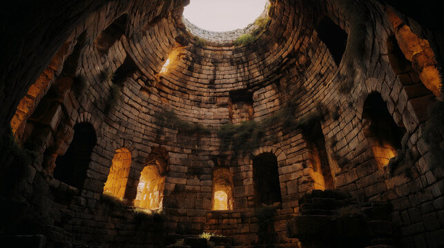 squinch. Interior of a round stone tower, corner where masonry walls curve inward to support the ceiling. real-estate listings.