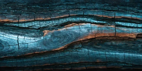 Ancient Weathered Wood Texture With Dramatic Teal Turquoise and Burnt Orange Cracked Surface Abstract Natural Material Art Background Design Wallpaper © RisanRisan