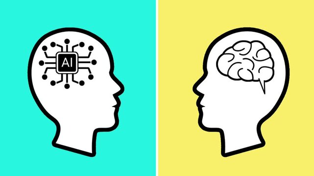 Human profile with a brain icon facing an artificial intelligence profile with a microchip icon on a split-screen background.