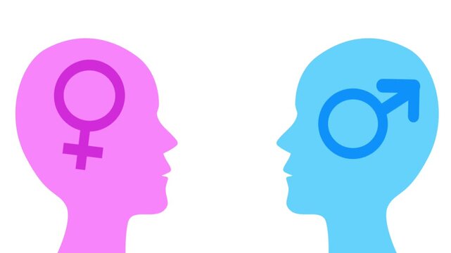Pink female profile with Venus symbol facing a blue male profile with Mars symbol against a white background.