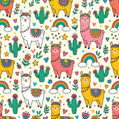 Obraz premium Pattern Vector Illustration of Llamas Cacti Rainbows and Hearts in Modern Whimsical Style for Kids Fashion and Textile Designs