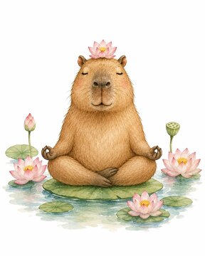 Emotional Support Animal Unbothered Therapy Meditating Capybara with Lotus Flower, Watercolor Zen Illustration for Yoga and Mindfulness, Spiritual Self Care Art Isolated on White with Copy Space