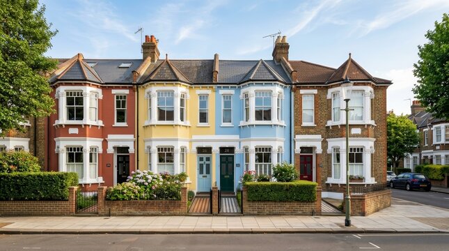 Residential architecture featuring colorful terraced houses in Crouch End, North London.