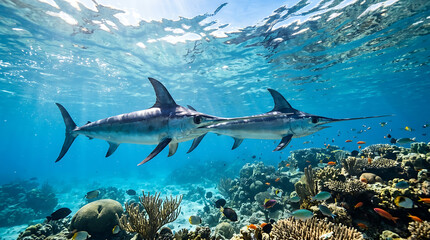 Fototapeta premium Underwater shot of two swordfish swimming near a coral reef with tropical fish