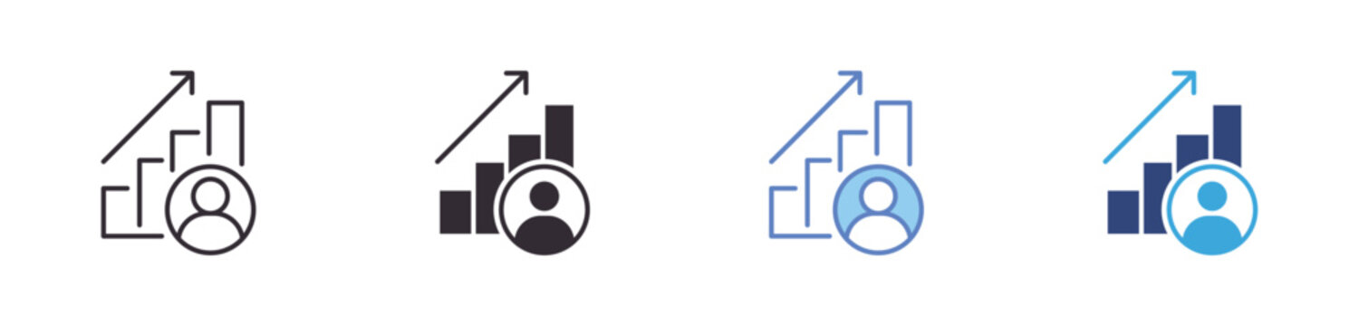 Business Growth Icon Set, rising arrow over bar chart with user profile, personal success analytics, financial performance improvement, corporate growth vector icons