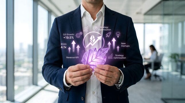 Businessman Holding q3 Growth Purple Leaf Hologram Representing Business Strategy in Office