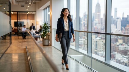 Plakat Business woman walks down hallway with city skyline view from large windows.